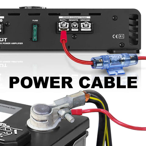 8 Gauge Car Amplifier Wiring Kit with Power Cable connected to amplifier and battery terminals for DIY audio upgrade