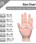 Size chart for Straight Up Reliable Disposable Nitrile Exam Gloves showing hand measurements and sizes from XS to XXL.