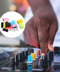 Universal Fader Knobs Replacement Rubber Caps For DJ Controllers, Mixers, And Consoles With 4mm To 8mm Hole Fit, shown on mixer