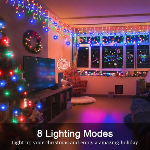 Ultra Bright 1280 LED Christmas String Lights 131 Ft With 240 Drops, 8 Modes, illuminating a festive indoor room setup