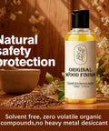 Premium Linseed Oil And Beeswax Wood Finish Sets Fast For A Killer Protective Seal in a 130ml bottle beside flax seeds.