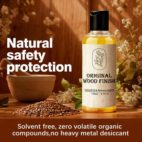 Premium Linseed Oil And Beeswax Wood Finish Sets Fast For A Killer Protective Seal in a 130ml bottle beside flax seeds.