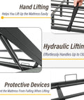 Game Changing King Bed Frame With Hydraulic Gas Lift Storage showing hand lifting aid and hydraulic lift mechanism.