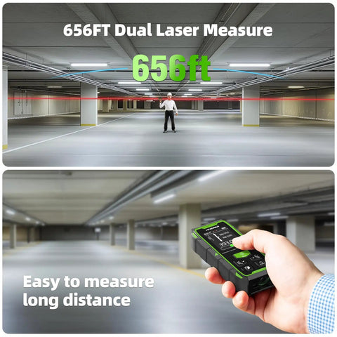 Dual Laser Distance Meter Pro Grade With 656ft Range Rechargeable Angled Sensor Magnetic Back For Easy Bilateral Measurements In Rooms And Jobsites With Long Battery Life And 5 Year Warranty, handheld in parking garage