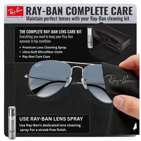 RB3025 Pilot Shape Non Polarized Sunglasses For Men And Women With Light Blue Gradient Lenses Dope Aviator Vibe Durable Frame Includes Official Eyewear Kit displayed with Ray-Ban cleaning tools