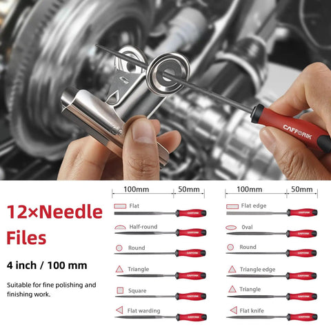12 needle files from 27 Piece Metal File Set With Flat Half Round Round And Triangle Files 12 Needle Files 10 Sandpapers And A Wire Brush
