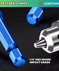 Close-up of CORTOOL 1/4 inch hex shank impact grade drill bits showing impact resistance feature.