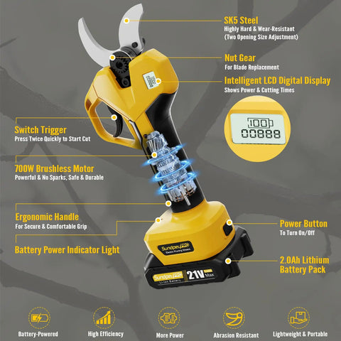 SundpeyPRO 21V Brushless Electric Pruning Shears Max 2 Inch Cut, ergonomic handle, SK5 steel blade, LCD display, battery-powered trimmer.