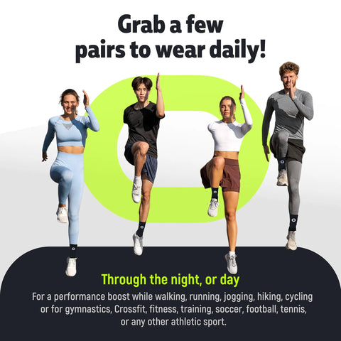 Four athletes wearing All Day Ankle Support Sleeve For Men And Women Open Toe Brace For Sprains Swelling Achilles Tendon Pain Relief