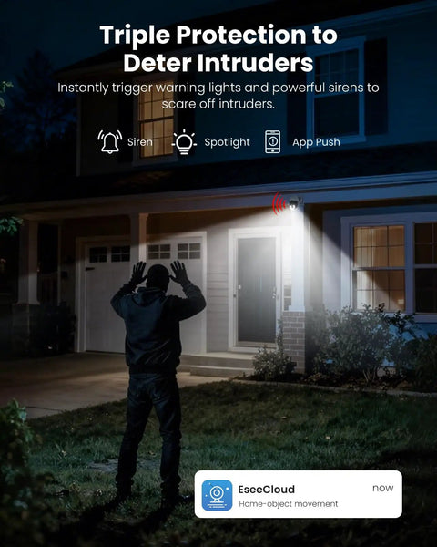 Security camera spotlights and alarms deterring an intruder at night outside a house, showcasing the 4K 8MP Outdoor Security Camera With Pan And Tilt, Wireless Home Surveillance, Dual Band WiFi 2.4GHz And 5GHz, Auto Tracking, Full Color Night Vision, Two Way Audio, IP66 Weatherproof, Plug In No Subscription Fees features.
