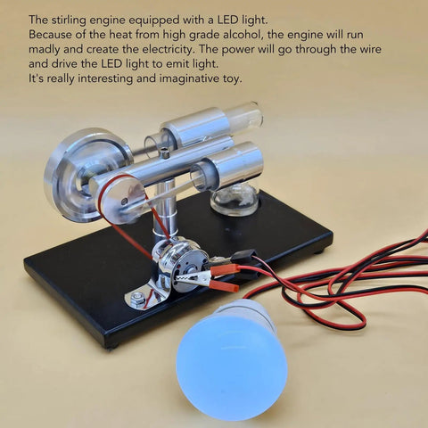 Stirling Engine Model With Colorful LED Light, Cool Hands On Educational DIY Power Generator Toy That Converts Heat Into Electricity on black base