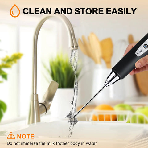 Rechargeable USB Milk Frother Wand With Three Heads And Three Speeds For Lattes Cappuccinos Hot Chocolate And Egg Mixing Portable Handheld Electric Whisk For Home Barista Use Eco Friendly USB Charging being cleaned under running water.