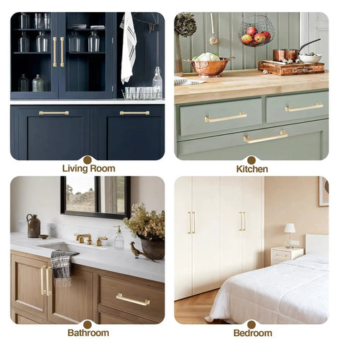 Brushed Gold Cabinet Pulls 3-3/4 Inch Hole Center, 10 Pack Solid Metal Kitchen Cabinet Handles used in various home settings.