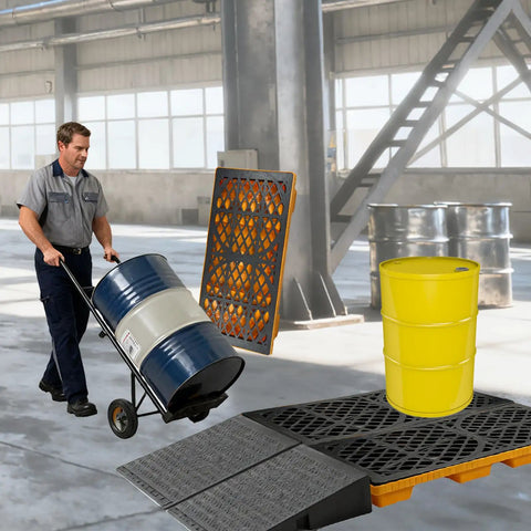 Heavy Duty Two Drum Spill Containment Platform Workhorse With 2000 Lb Capacity, Compliant Spill Pallet With Drain Outlet And Forklift Pockets, Stackable Leakproof Tray For Industrial Garage Basement, 48 X 24 X 4 Inches in use