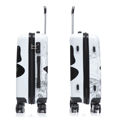 Two views of InUSA butterfly-print 20-inch carry-on hardside luggage with spinner wheels, white shell with gray butterfly motif.