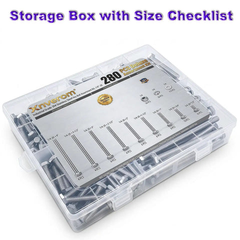 Hella Solid 280 Piece 1/4 Inch 20 Thread Stainless Steel Hex Bolt And Nut Assortment Kit with clear storage box and size checklist.