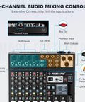 Diagram showing connections on six-channel DJ mixer with flexible routing for stage or home studio use, USB and Bluetooth features.