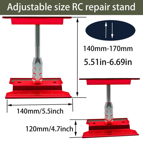 Adjustable red RC repair stand showing dimensions for all in one RC car repair stand with 360 degree rotation.