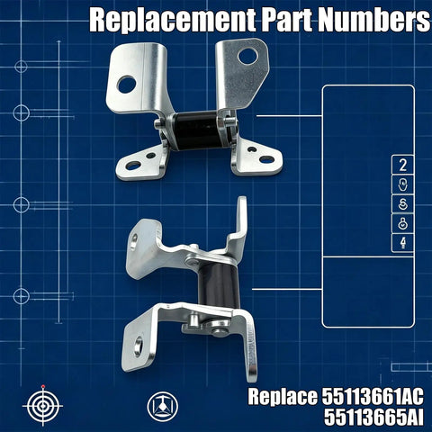 Driver Side Upper And Lower Front Door Hinge Set Heavy Duty Steel Drop In Replacement For Jeep Grand Cherokee Dodge Charger Chrysler 300 Durango Slick Fit No Hassle Swap showing hinge part numbers.