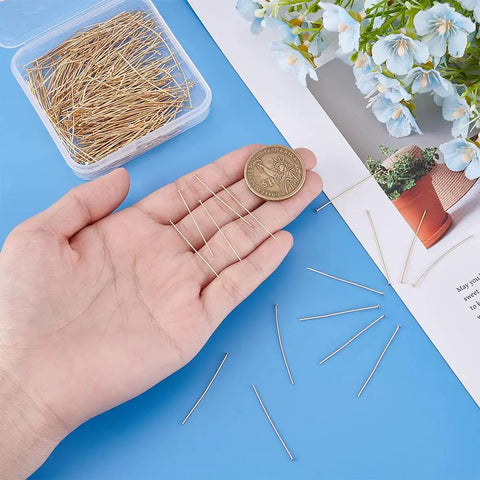 18K Gold Plated Flat Head Pins 400 Pcs Golden Eye Pins Jewelry Head Pins 35mm Length 22 Gauge for Craft DIY Earrings Bracelet Necklace Jewelry Making Supplies, flat pins in hand