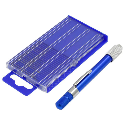 Metric Mini Drill Bit Set With HSS Twist Bits And Mini Pin Vise 21Pcs with blue portable plastic case and metal handle.