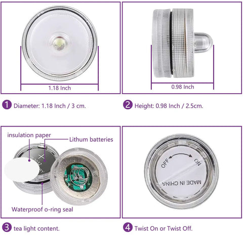 Image detailing dimensions and features of Submersible LED Tea Lights Set for Pond and Water Features, Battery Operated Underwater Lights.