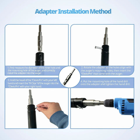 Installation steps for Two Stage Auger Drill Adapter for 1/2 Inch Hand Drills showing attachment to auger and hand drill.