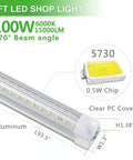Diagram of 4 Pack 8 Foot LED Shop Lights Set With 100W Output 15000 Lumens 6000K Cool White, showing materials and measurements.