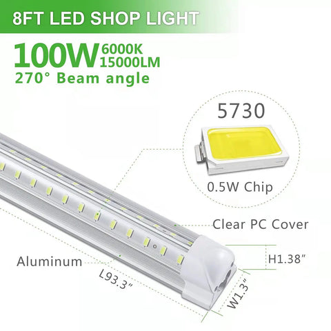 Diagram of 4 Pack 8 Foot LED Shop Lights Set With 100W Output 15000 Lumens 6000K Cool White, showing materials and measurements.