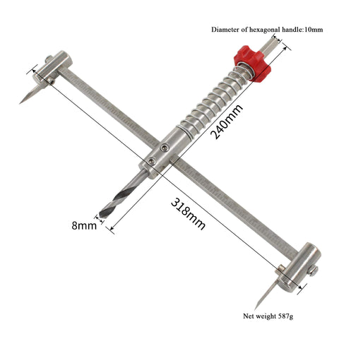 Adjustable Hole Saw Cutter Kit 40 To 300mm Circle Hollow Drill Bit Set with ABS Dust Cover, showing dimensions and metal handle.