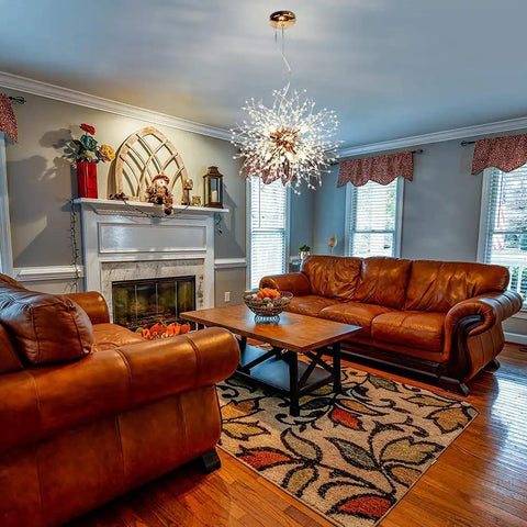 Living room with Eight Light Gold Crystal Firework Dandelion Chandelier With Modern Semi Flush Mount Ceiling Light Fixture