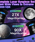 Totally Kid Friendly 60mm Telescope With 18x To 90x Magnification, eyepieces showing 27X and 90X magnification views of the moon