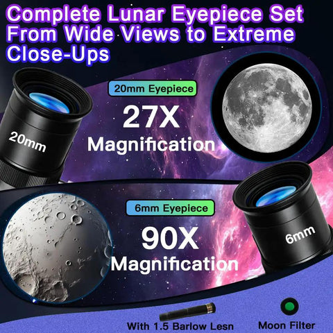 Totally Kid Friendly 60mm Telescope With 18x To 90x Magnification, eyepieces showing 27X and 90X magnification views of the moon