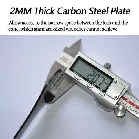 Digital caliper measuring 2mm thick carbon steel plate for the 2mm Thick Low Profile Bike Cone Wrench Set For Tapered Hubs Four Piece Pro Shop Grade Carbon Steel Spanners In 13 14 15 16mm Durable Multi Tool For Bicycle Wheel Nut Installation And Removal