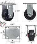 Built Like A Tank Heavy Duty 4 Inch Industrial Caster Wheels With Polyolefin Tires And Rust Resistant Galvanized Tracks, 4-inch size.
