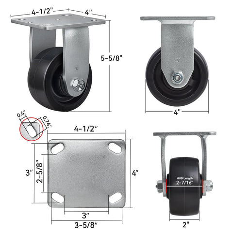 Built Like A Tank Heavy Duty 4 Inch Industrial Caster Wheels With Polyolefin Tires And Rust Resistant Galvanized Tracks, 4-inch size.