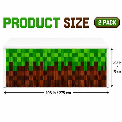 Two Pack Pixel Miner Party Table Skirts With Classic Green And Brown Block Pattern For Sick Gamer Birthday Decorations and Next Level 8 Bit Video Game Themed Party Supplies That Bring Ultimate Arcade Vibes To Your Party Table Setup, measuring 29.5 x 108 inches.