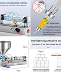 Badass Heavy Duty Smooth Running Horizontal Pneumatic Liquid Filling Machine With 30L Hopper For Perfume Beverage Paste Production In Small Biz Shops At 1000Ml showing precision nozzle and cylinder.