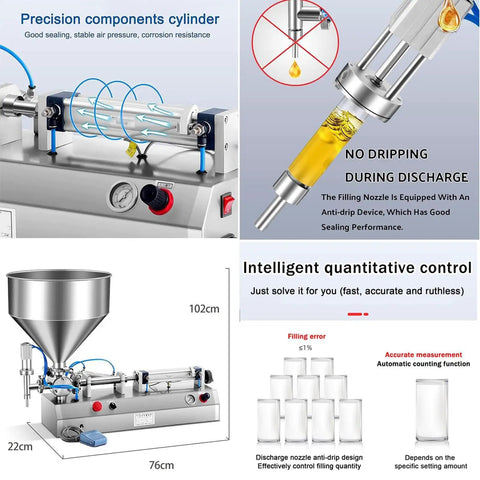 Badass Heavy Duty Smooth Running Horizontal Pneumatic Liquid Filling Machine With 30L Hopper For Perfume Beverage Paste Production In Small Biz Shops At 1000Ml showing precision nozzle and cylinder.