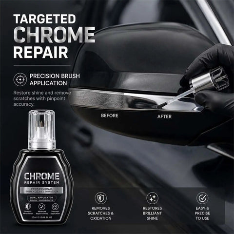 Professional Chrome Repair Pen, Silver Spray Paint for Metal (Silver) shown with precision brush application on chrome detail.