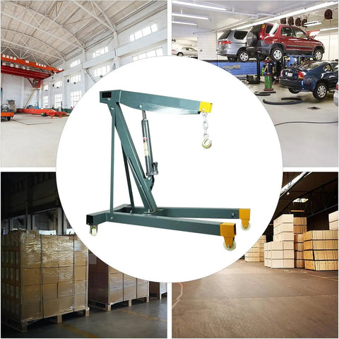 Heavy Duty Hydraulic Engine Hoist Folding Cherry Picker Shop Crane With Four Swivel Casters in a workshop setting.