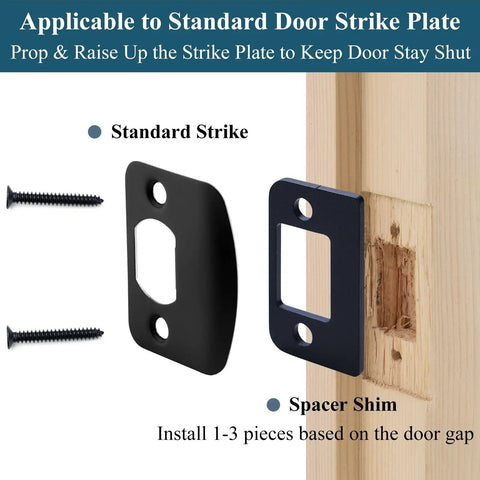 Heavy Duty Stainless Steel Door Strike Shim Spacer Plates Adjusts Loose Strikers Blocks Credit Card Prying Fixes Shrunk Wood Frames Yields Locktight Security With Zero Headaches Daily next to door frame with screws.