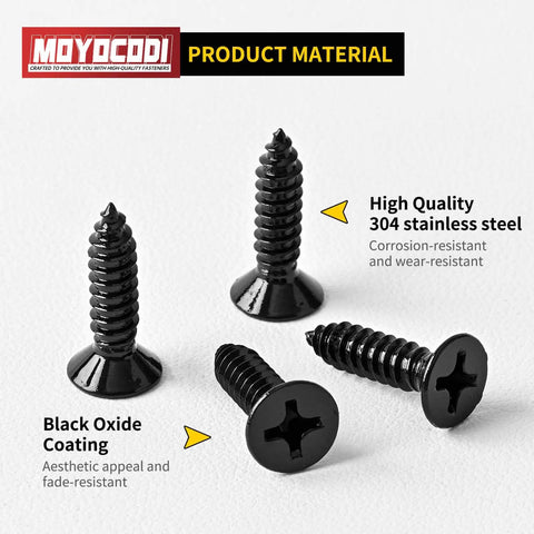 Rust Busting Number 4 Gauge Half Inch Flat Head Sheet Metal Screws With Phillips Drive And Self Tapping Threads Clad In Black Oxide 304 Stainless Steel For Badass Wood Or Metal Shop Jobs 100 Count, showcasing black oxide coating and stainless steel.