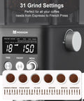 Precision Conical Burr Coffee Grinder With Smart Bluetooth Scale And 31 Adjustable Grind Settings For Home Brewers showing 31 grind options.