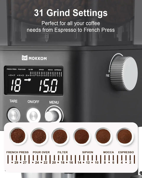 Precision Conical Burr Coffee Grinder With Smart Bluetooth Scale And 31 Adjustable Grind Settings For Home Brewers showing 31 grind options.