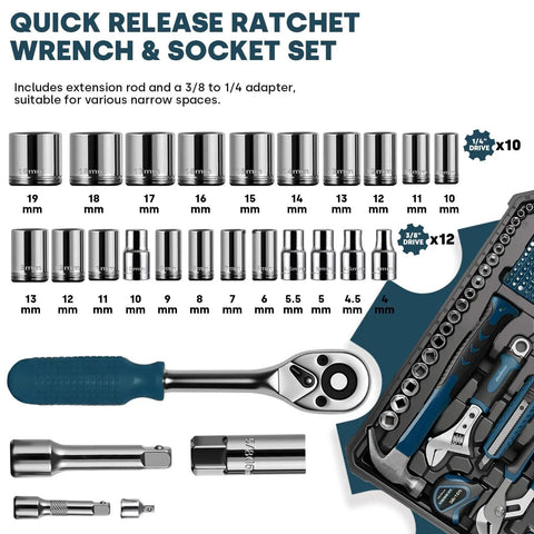 Beefed-Up 220-Piece Home Tool Kit With Toolbox Blue For Home Repairs Auto Maintenance DIY And General Use Heavy-Duty Wrench Set