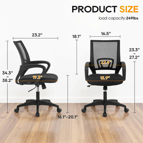 Ergonomic Office Chair With Breathable Mesh Back And Lumbar Support, Mid Back Swivel Desk Chair dimensions and measurements