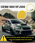 OEM 86615FJ000 windshield washer fluid cap replacement shown with Subaru car in background.