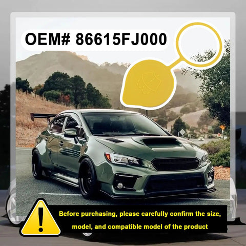 OEM 86615FJ000 windshield washer fluid cap replacement shown with Subaru car in background.