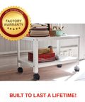 White table with books and plant on threaded caster set of 4 M8 x 1.25 swivel stem chair wheels with locking brake, 2 inch diameter, 50mm.